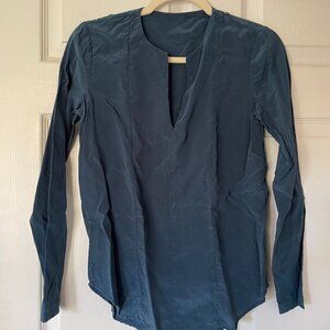 100% Silk Blue V-neck Blouse